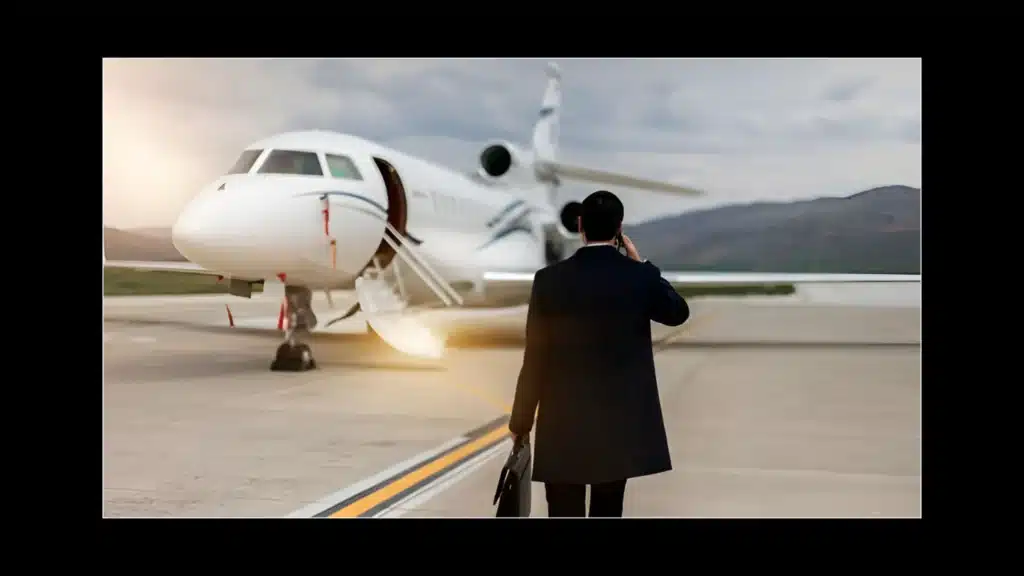 an image showing a person with a bag moving towards a private jet