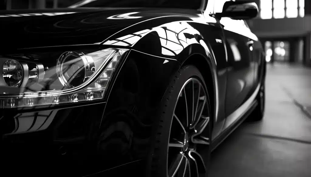 an image taken from the front wheel of an luxury car which is black in color.