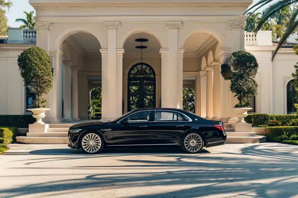an image of a luxry car parked in front of a villa