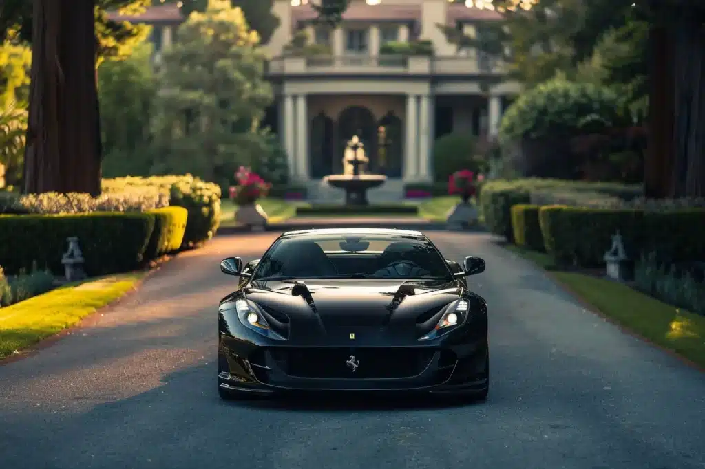 an image of a sports car standing on a raod in a garden in front of a villa