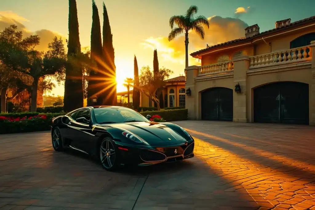 an image  of a lambourgini parked in front of a luxry villa's garage