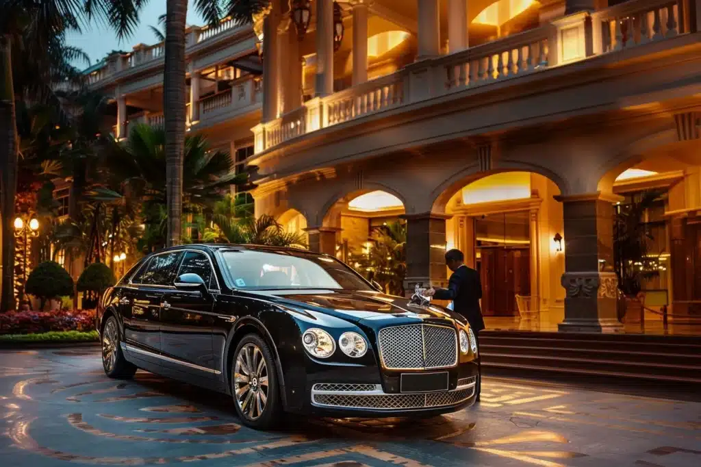 an image of a rolls roys standing in front of hotel building while a person is cleaning it with a cloth 