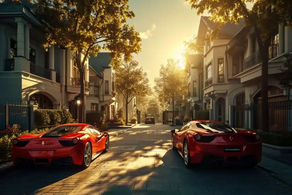 an image of a street in which two exotic car are standing 