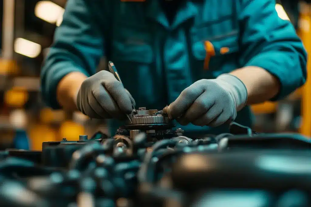 an image of the both hands of a mechanic working to fix a car engine