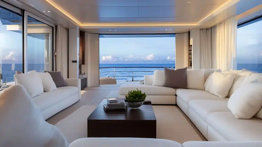 an image of a luxury yacht wih wide open interior 