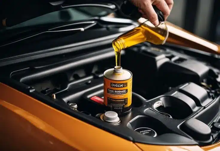 an image in which a person is pouring vehicle performance additives in a car engine