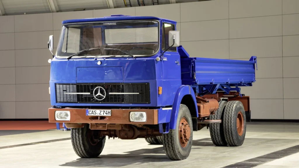 an image showing a blue mercedes benz lorry