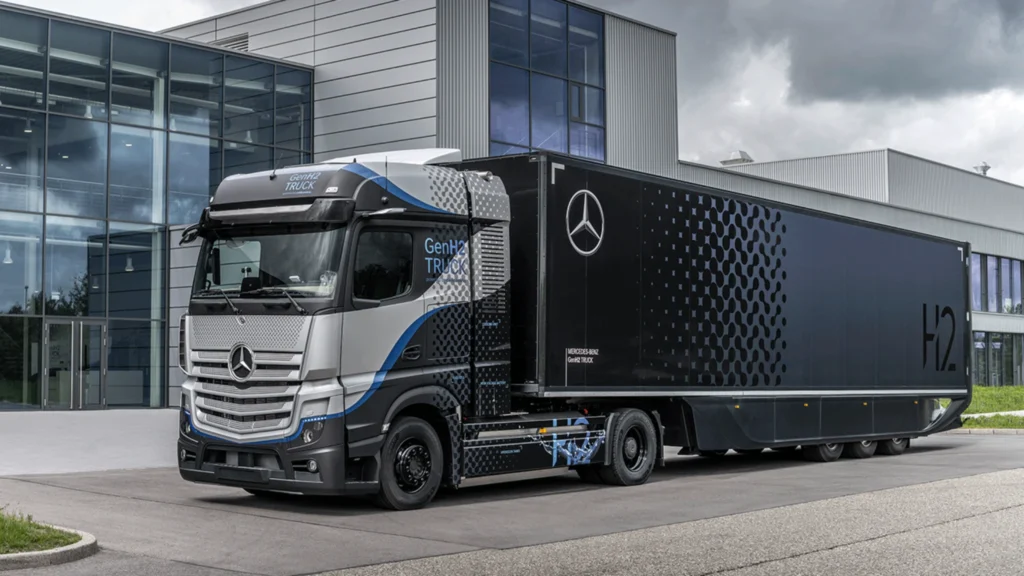 an image showing a black mercedes benz lorry