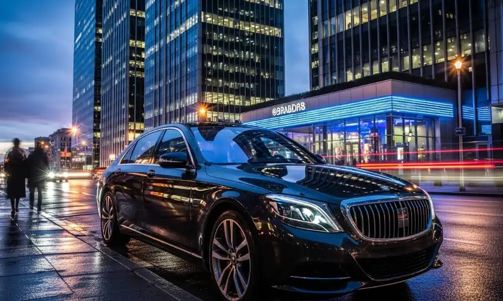 Black car on wet street at night