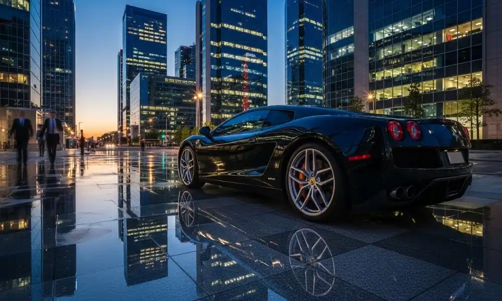 Black Luxury car on wet city street 