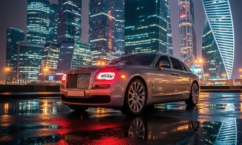 Luxury car at night, city skyscrapers in background, 
