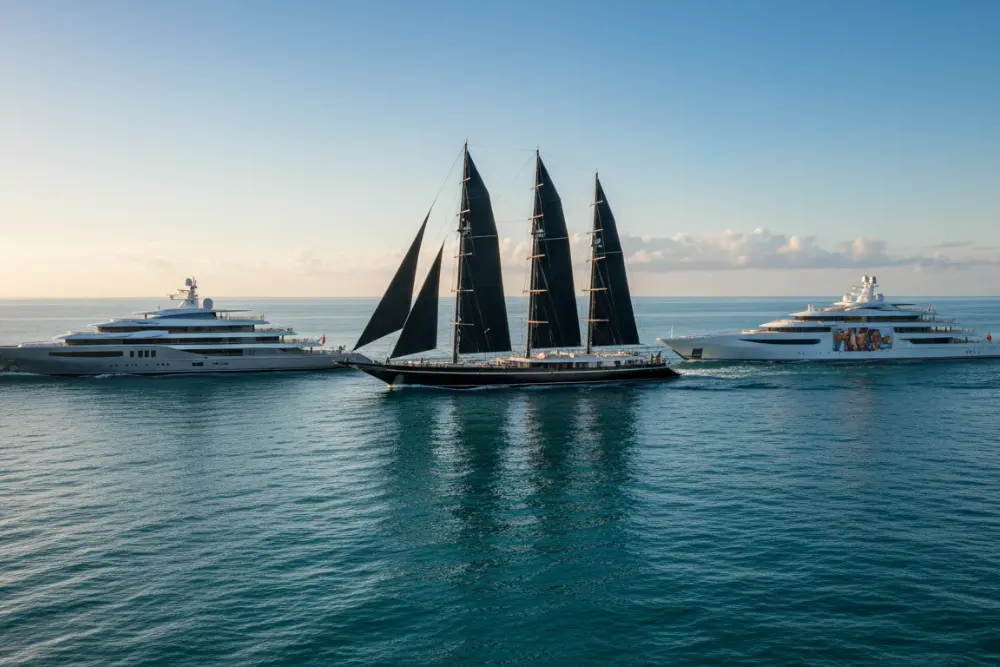 Black Pearl, Bravo Eugenia, and KAOS yachts at sea