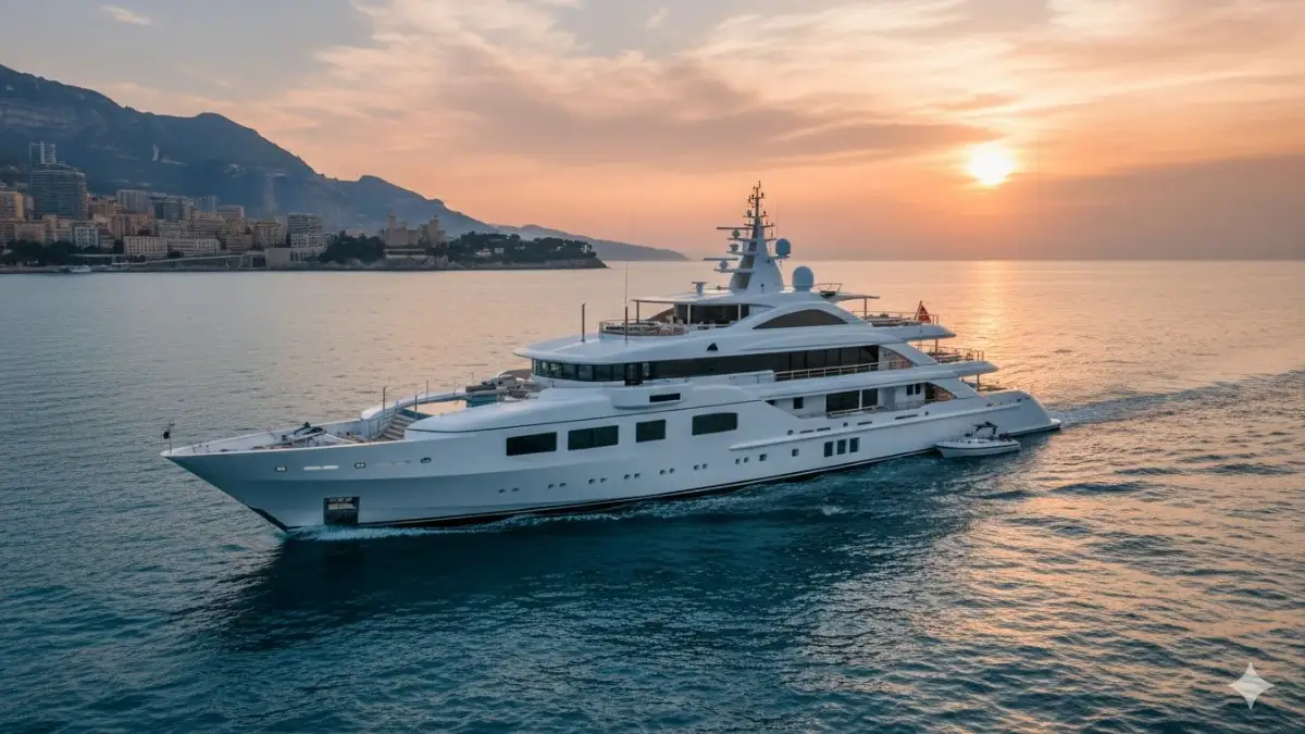 Lürssen mega yacht at sea sunset