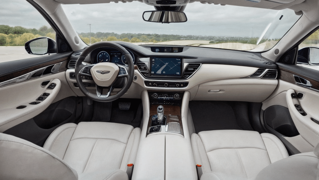 "Ultra-realistic close-up of a Genesis luxury car highlighting sleek aerodynamic body, sculpted curves, LED headlights, chrome accents, and premium dashboard in a modern minimalist showroom."