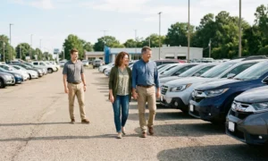 Couple walking through a used car lot while a salesperson stands nearby