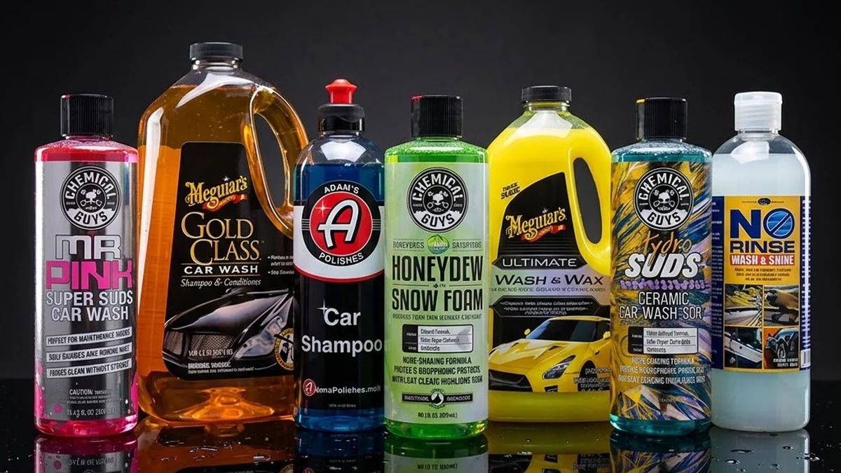Seven bottles of car wash soap lined up on a dark reflective surface