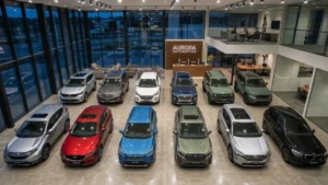 A high-angle showroom view of twelve cars parked in two rows