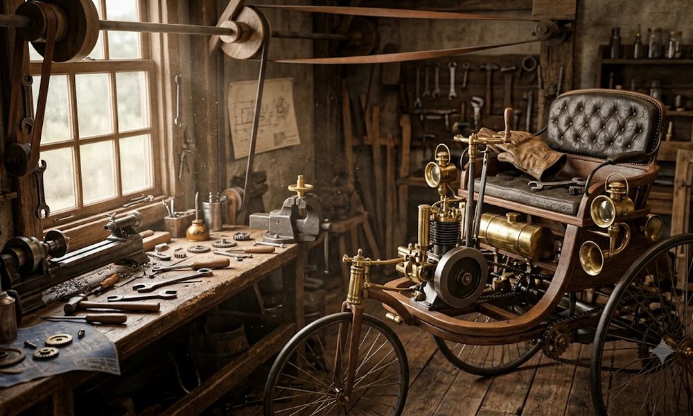 Early three-wheeled motorized carriage in a vintage engineer’s workshop with tools and an engine