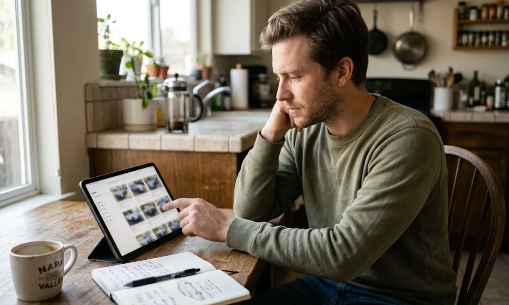 Man comparing used car listings on a tablet while taking notes at a kitchen table