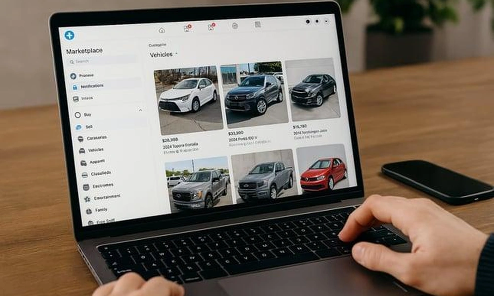 Person browsing used car listings on a laptop.