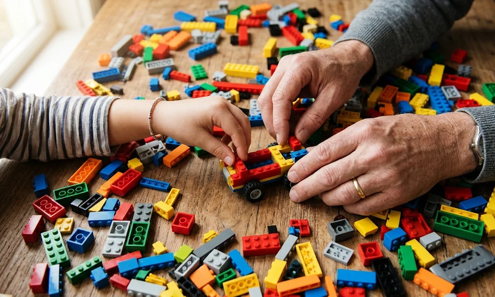Child and adult building a small LEGO car together from colorful loose bricks