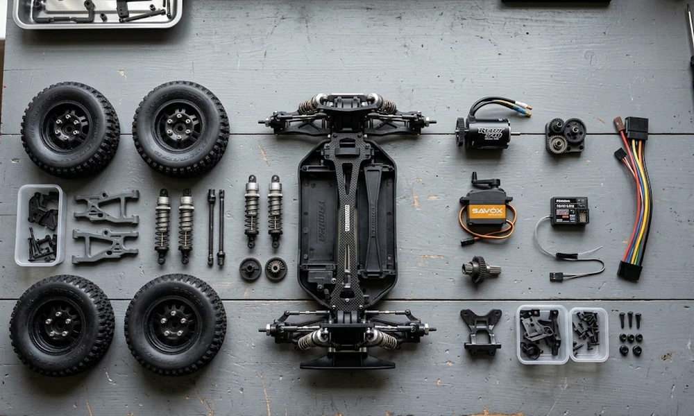 Disassembled RC car parts laid out neatly on a gray work surface