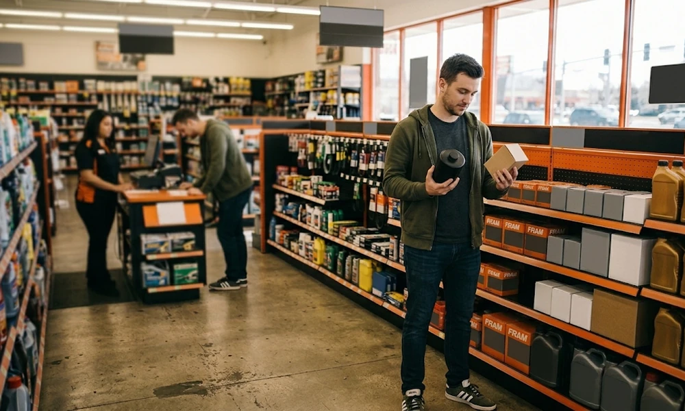 Customer holding an auto part in a store aisle lined with oil and car care products