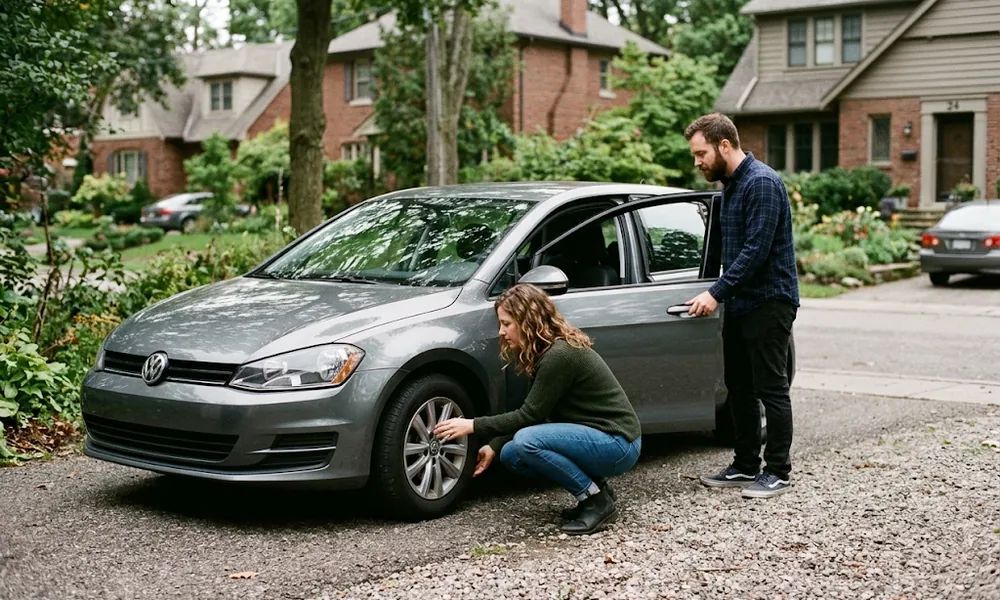 Two people inspecting a gray hatchback in a driveway, one checking the tire