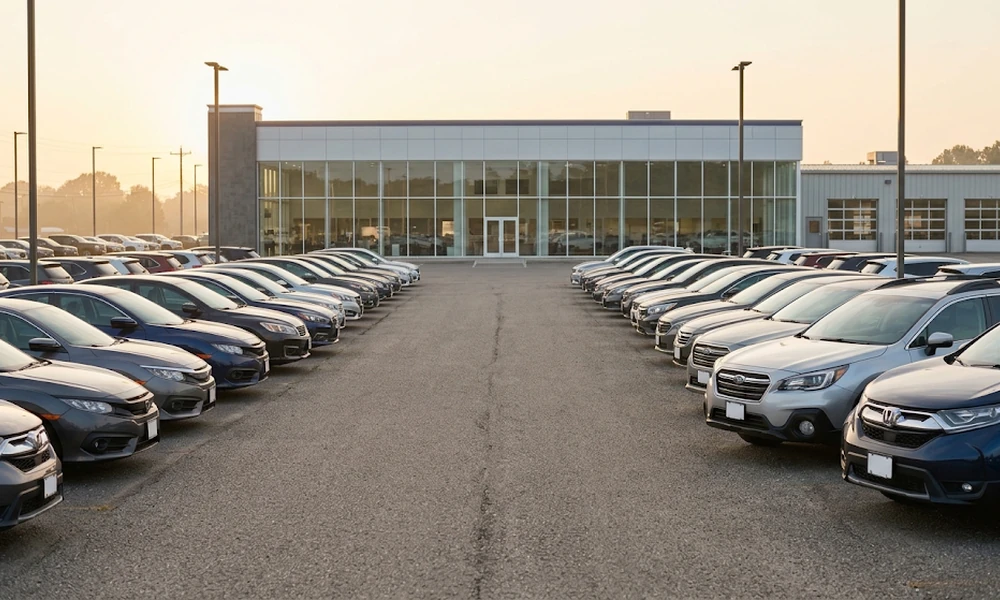 Used car dealership building with rows of SUVs parked in front at sunset
