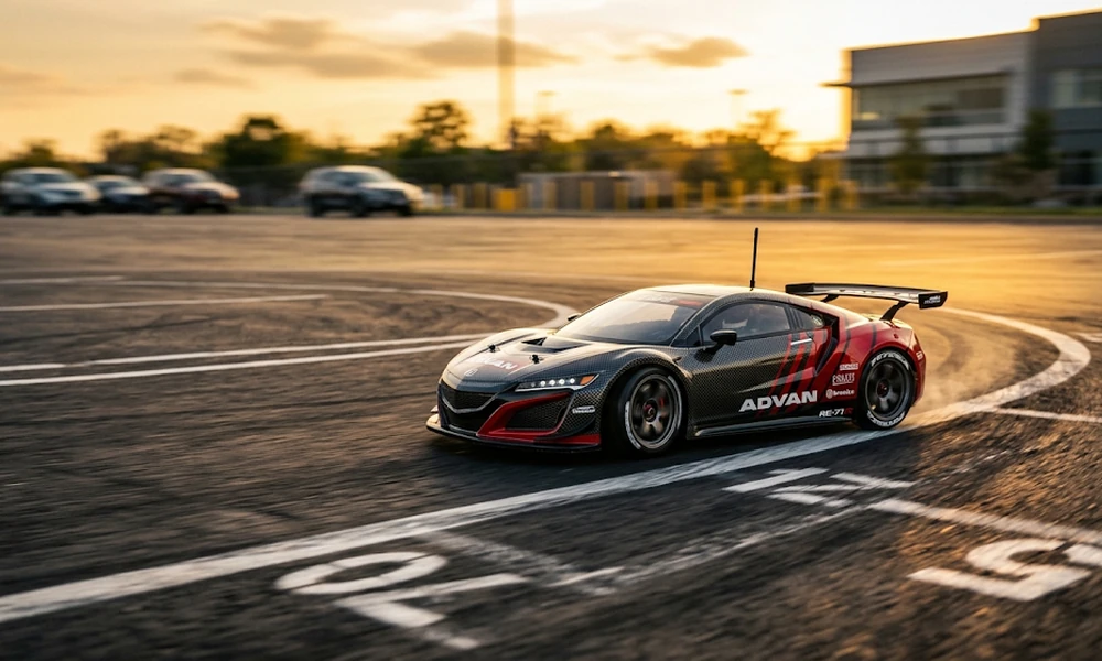 Black and red on-road RC car cornering on a smooth track at sunset