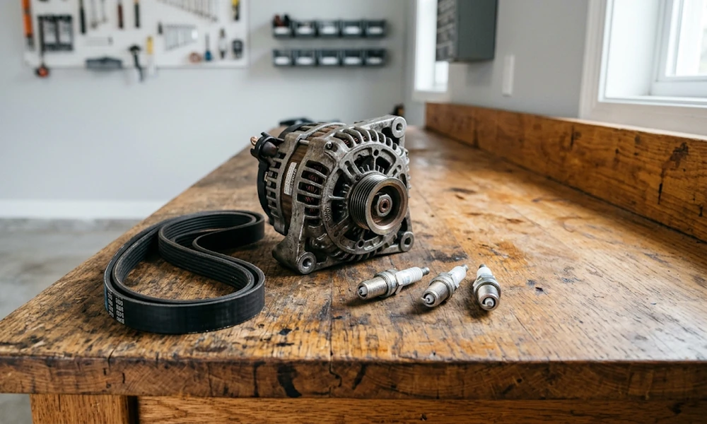 Alternator, serpentine belt, and spark plugs laid out on a wooden workbench