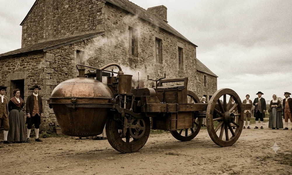 18th-century steam-powered wooden road vehicle with a large copper boiler outside a stone building