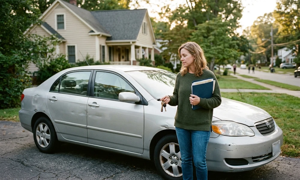 Woman standing beside her silver sedan holding keys and a folder of documents
