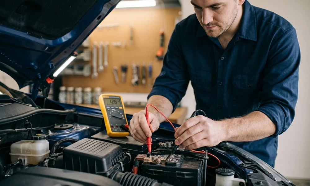 Man testing a car battery with a multimeter under the hood