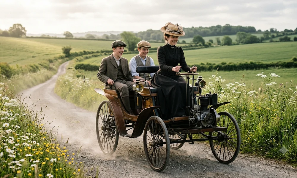 Woman driving an early motorcar with two boys along a countryside road lined with wildflowers