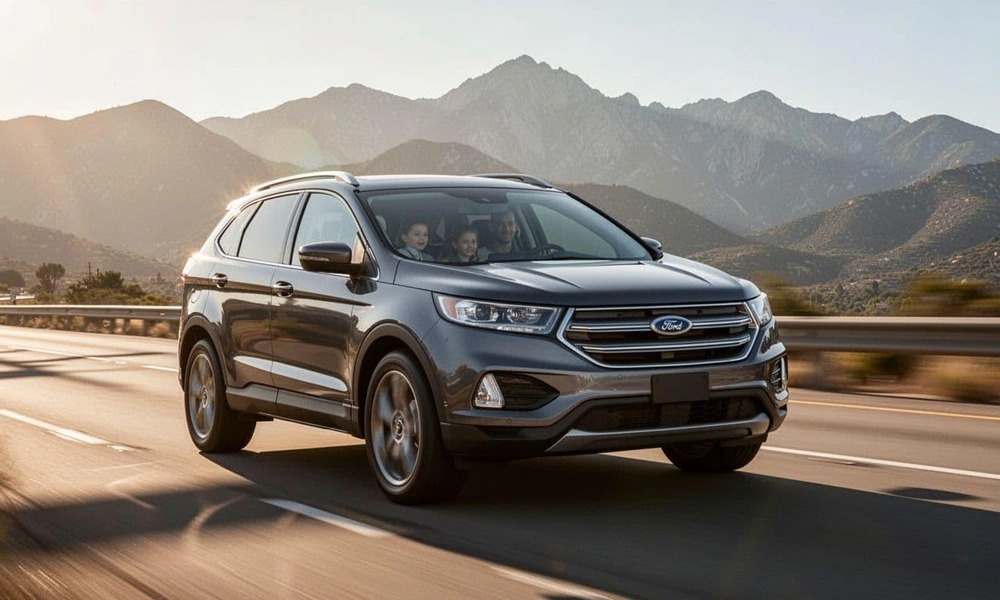 Family SUV parked on a scenic road.