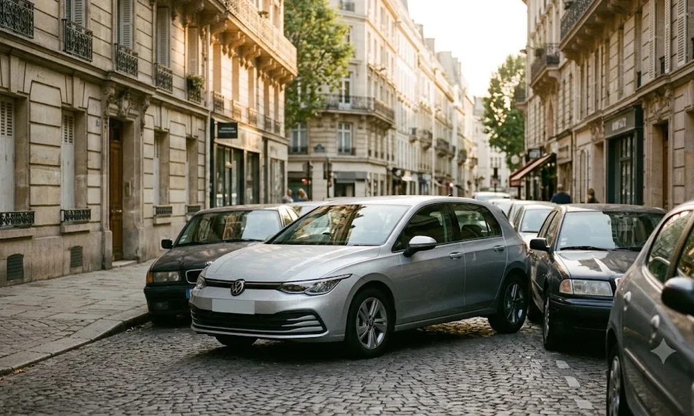 Silver Volkswagen Golf parked between other cars on a narrow cobblestone street in a European city