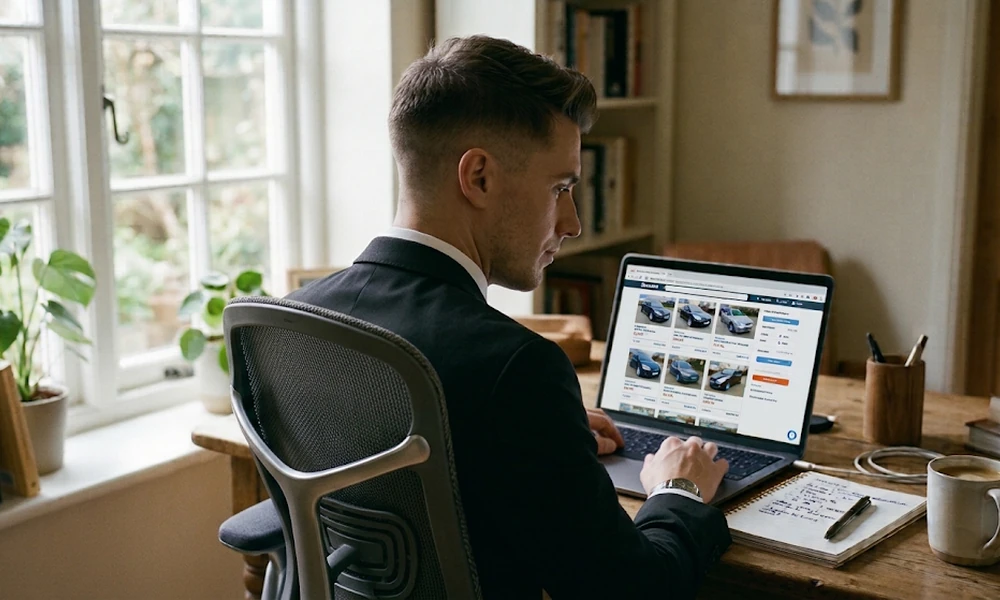 Man browsing used car listings on a laptop at a home desk