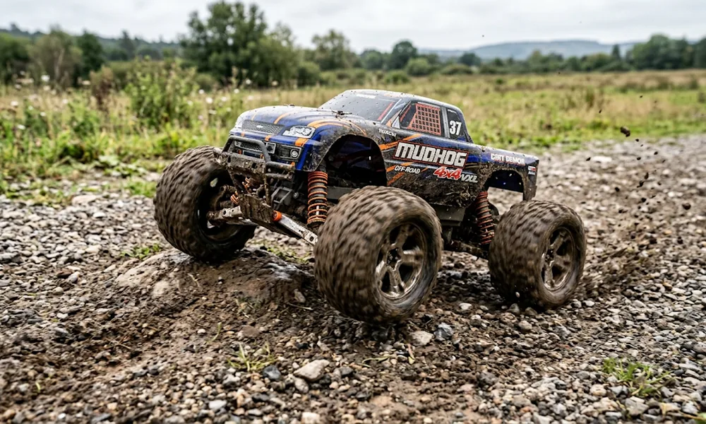 Blue and orange off-road RC truck driving over loose gravel