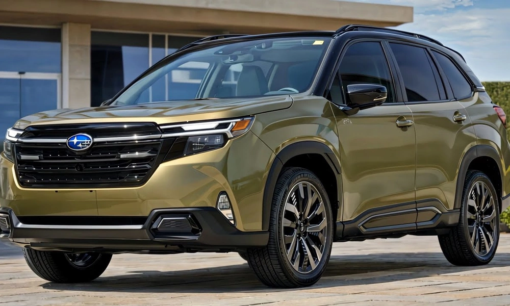 Olive green Subaru Forester compact SUV parked outside a modern building