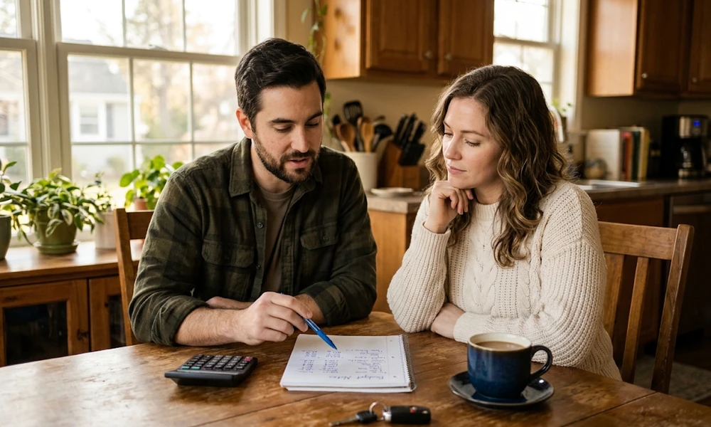 Couple reviewing loan figures with a calculator and notebook at a kitchen table