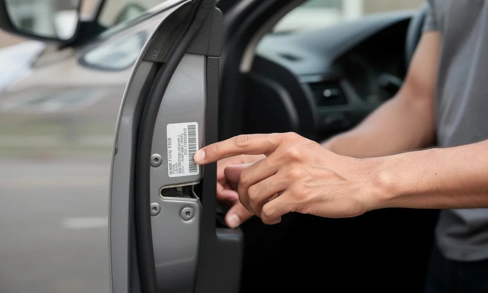 Close-up of a vehicle identification number on a car door frame.