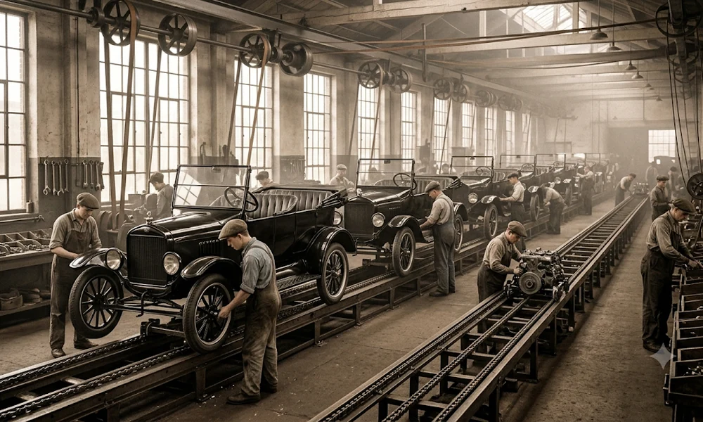 Workers building early black cars on a moving assembly line inside a vintage factory