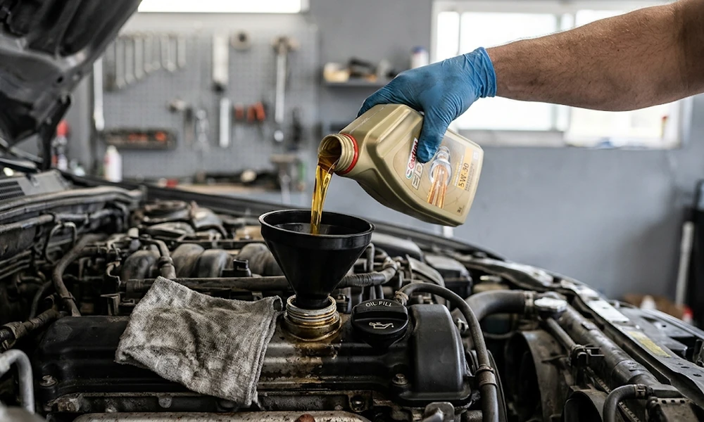 Gloved hand pouring engine oil through a funnel into an engine
