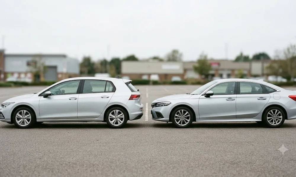 Silver hatchback and silver sedan parked side by side in profile in a car park