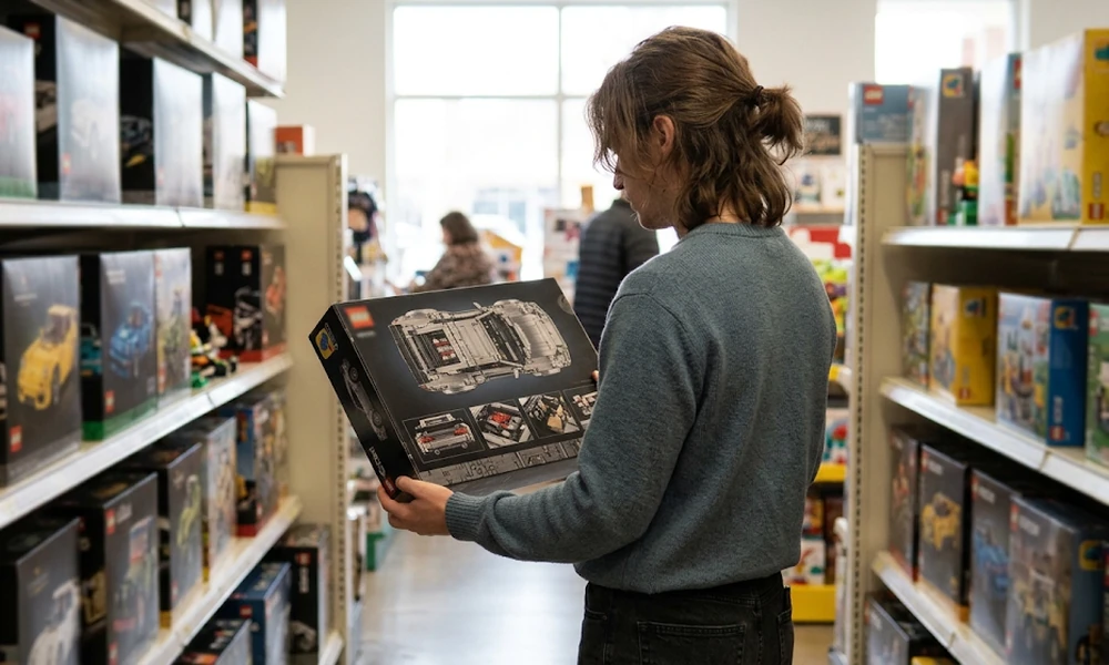 Shopper reading the box of a LEGO car set in a toy store aisle