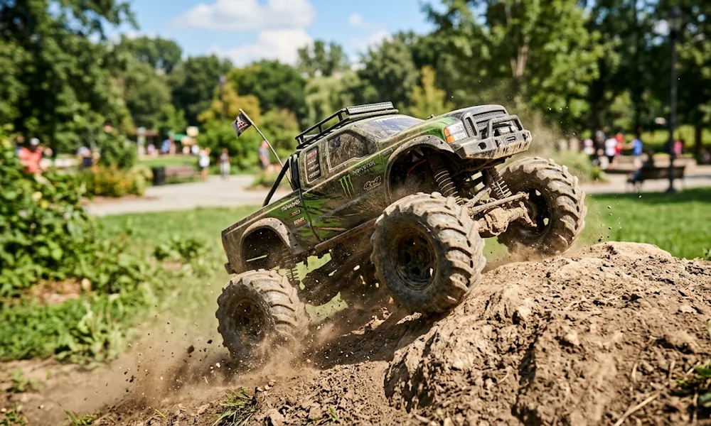 Green RC monster truck climbing a mound of dirt in a park