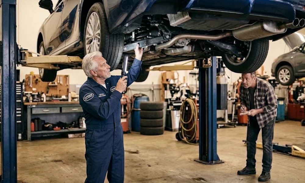 Mechanic inspecting the underside of a car on a lift while a customer watches
