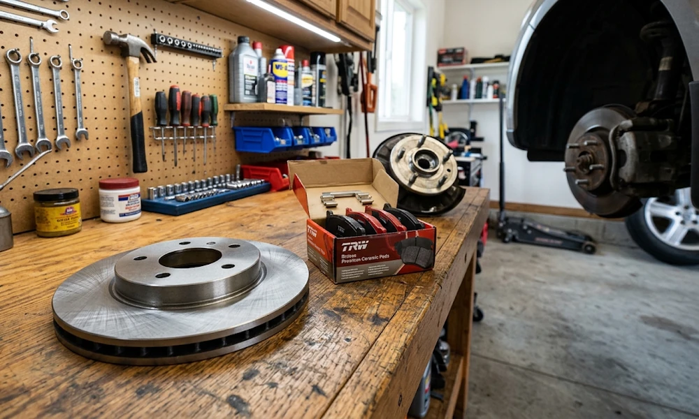 Brake rotor and boxed brake pads on a workbench in a garage