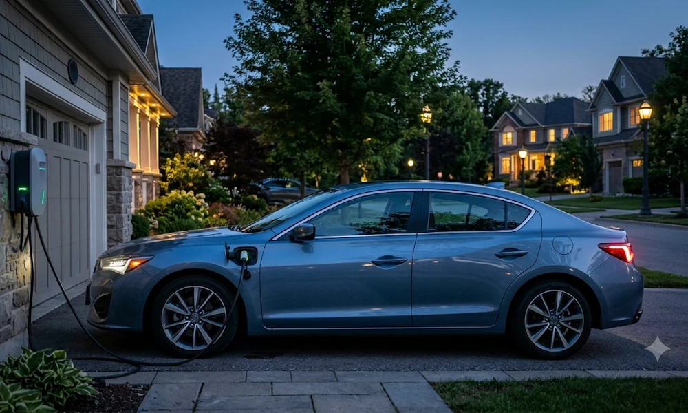 Electric car charging in a suburban driveway at dusk
